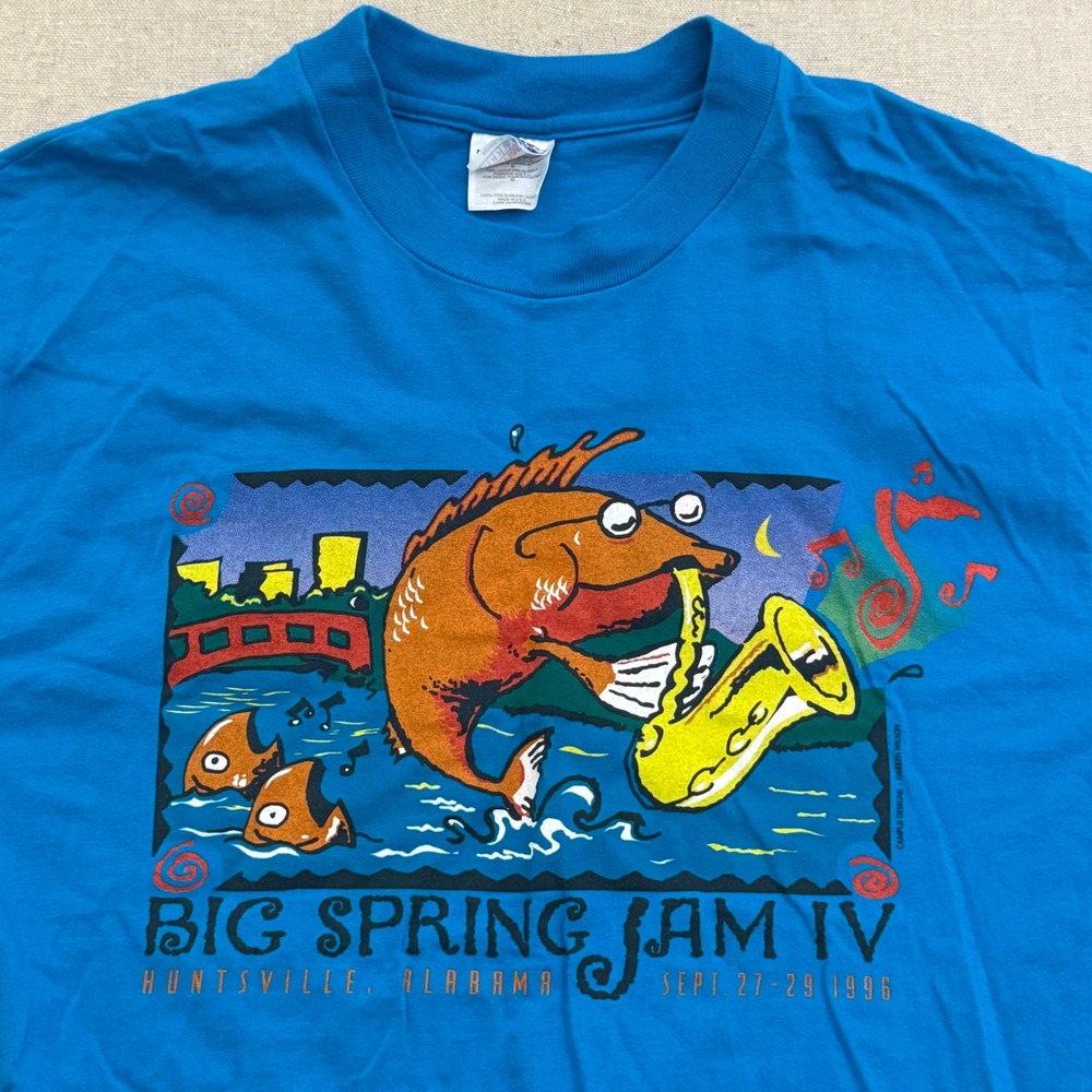 Vintage 1996 Big Spring Jam IV T Shirt Hanes Beefy T Blue Large Saxophone Fish